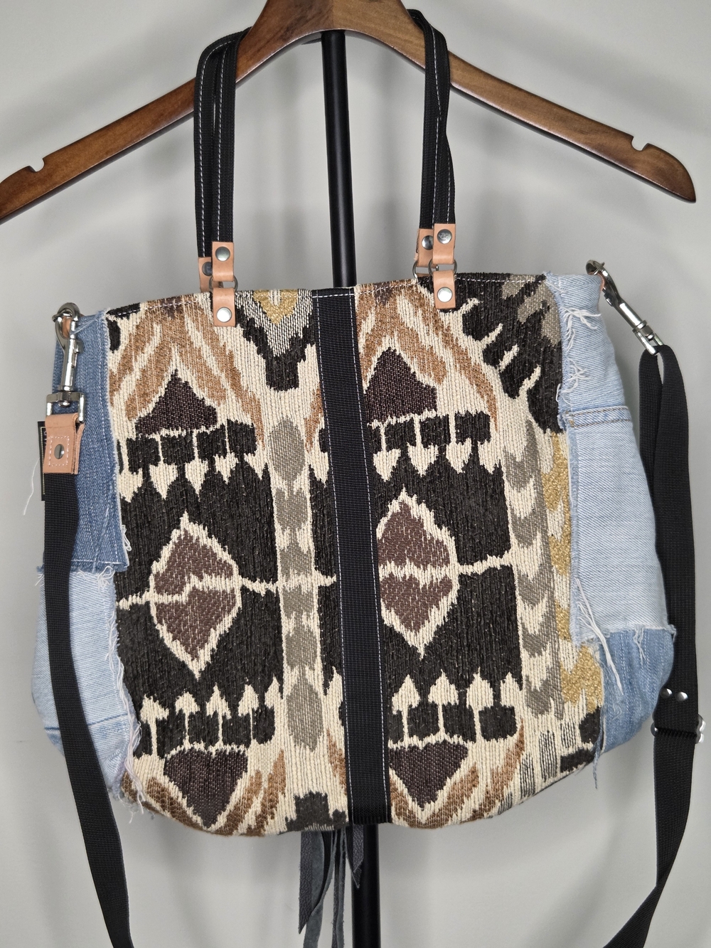 JALMODOVAR  Boho Patchwork Denim Tote Bag with Tassel - Picture 2 of 5